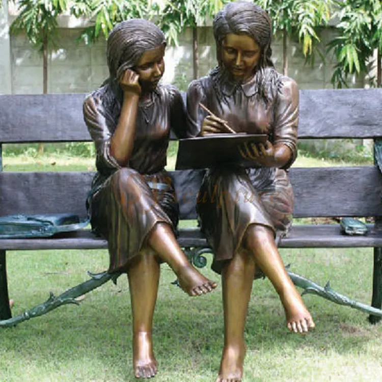 Libro de lectura para niña, escultura de bronce para niños