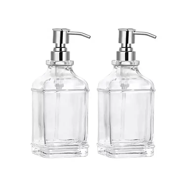 Wholesale clear 18 oz glass soap dispenser bottle with silver color metal pump head for home hotel bathroom