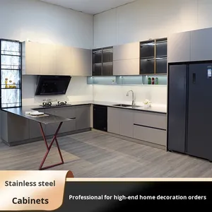 Meubles de cuisine sur mesure en acier inoxydable de luxe léger, type fermé, finition acrylique, charnières, paniers de rangement, 5+ tiroirs, cuisinière intégrée - Product Image 5