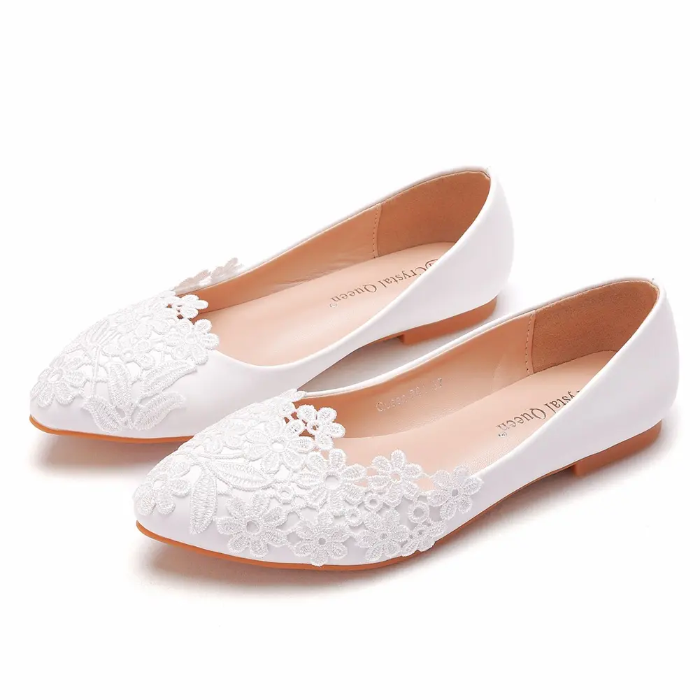 Rhinestone accessories lace flower handmade wedding shoes white bridal flat wedding dress shoes