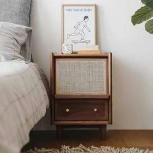 Solid Wood Nightstand With <b>Rattan</b> <b>Panel</b> LED Lighting Modern Minimalist Bedroom Side Table - Product Image 3