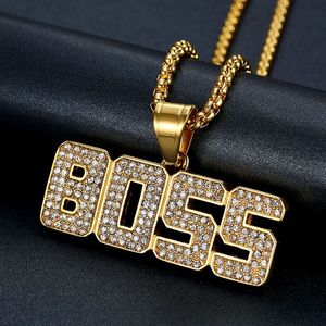 yunnique Boss Letter Pendant Necklace Gold Plated <b>Titanium</b> Steel Pave Setting Men's Fashion Jewelry Gift - Product Image 1