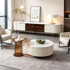 Mueble de TV Blanco Acanalado de Lujo y Juego de Mesa de Centro Redonda con Puerta de Vidrio Ámbar, Consola Multimedia con Almacenamiento para Sala de Estar - Product Image 3