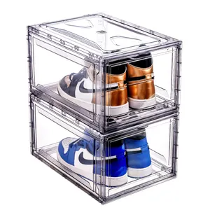 Transparent PET Plastic Stackable Magnetic Shoe Storage Box Drop Front Open Sneaker Organizer Bins Display Organizer Shoe Box