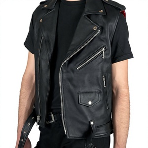 Gilet de motard noir pour homme avec fermeture éclair, col rabattable, couleur unie, en polyester, style automne - Product Image 1