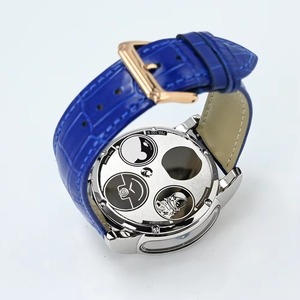 Luxury Men's Mechanical Skeleton Watch Blue Leather Strap Moon Phase Analog Stainless Steel Case 43mm Roman Numeral Dial - Product Image 3