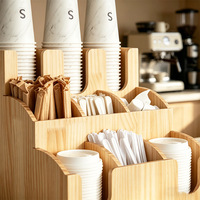 Organizador de tapas de tazas y pajitas de madera rústico multifuncional para mostrador de café, dispensador de gran capacidad para condimentos y servilletas de café