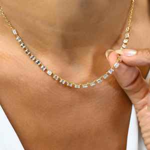 Collar de media cadena con diamantes de moissanita de corte esmeralda, plata de ley 925 chapada en oro, regalo de compromiso y boda para amantes - Product Image 2