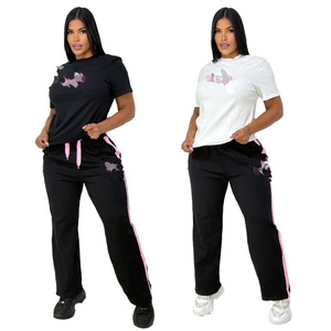 Conjunto Deportivo Informal para Mujer, Manga Corta, Pantalones Largos, Estampado, Poliéster y Algodón, Cuello Redondo, Dos Piezas - Product Image 1