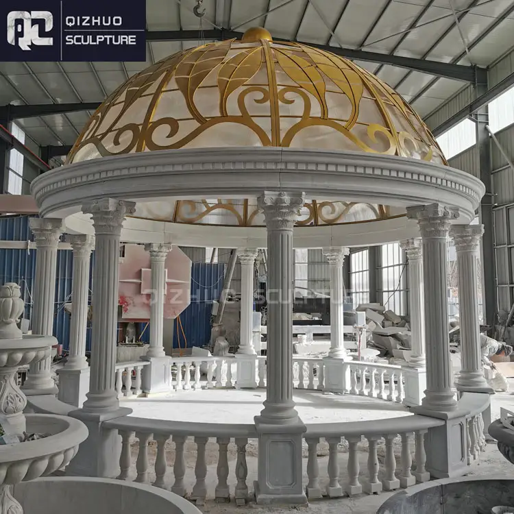 Gazebo de boda de piedra blanca tallada a mano, columna romana de jardín, estilo clásico personalizado