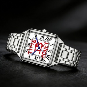 TIME IS MONEY Montre pour homme en acier inoxydable avec cadran carré, montre de luxe pour homme, montre à quartz numérique romaine, étanche - Product Image 3