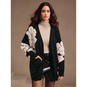 Cárdigan de Punto para Mujer, Color Negro, con Estampado Floral Jacquard, Manga Larga, Corte Holgado, para Otoño - Product Image 6
