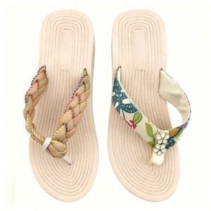 Sandales de plage à plateforme beige personnalisées avec lanières en tissus mélangés et imprimé floral, talons hauts, claquettes d'été OEM ODM - Product Image 3