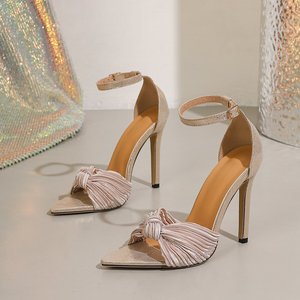 European and American Style Pleated Bow Open-toe Women's <b>Shoes</b> High-end Pointed-toe Satin Stiletto Sandals - Product Image 4