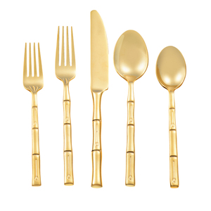 Set di posate in acciaio inossidabile a forma di bambù color oro brillante di alta qualità per produzione su larga scala, con coltello, forchetta e cucchiaio - Product Image 1