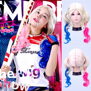 Peluca de cosplay de Harley Quinn de Escuadrón Suicida, rubia con coletas, de color azul y rosa, larga y rizada - Product Image 3