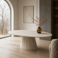 Table à manger ovale en marbre travertin naturel, piétement unique, 6 places, mobilier de salle à manger moderne, design personnalisable