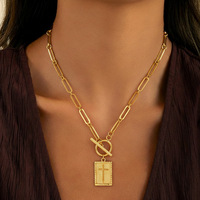 Collier en acier inoxydable avec pendentif carré sportif en forme de croix et chaîne en bambou, design boucle OT, plaqué or 18 carats, en promotion