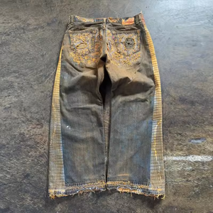 LEDUO OEM giysi erkekler moda artı boyutu erkek kot pantolon özel işlemeli yıkanmış sarı yok Baggy kot erkekler için - Product Image 3