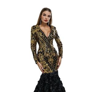 Großhandel Frauen sexy schlanke Hüfte Abend Party Kleid Langarm maßge schneiderte Plus Size Rüschen Gold Pailletten schwarz <span class=keywords><strong>Prom</strong></span> Cocktail kleider - Product Image 2