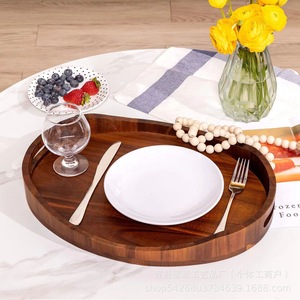 Oval Solid Wood <b>Tray</b> Acacia Wood <b>Tea</b> <b>Tray</b> With Handle For Snack Cake Fruit Serving - Product Image 4