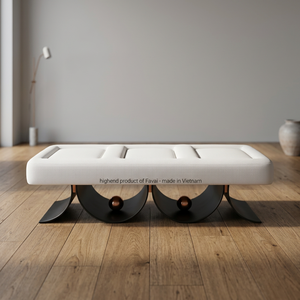 Banco Otomano Moderno Tapizado en Blanco con Base Metálica Curva para Muebles de Sala de Estar, Superventas - Product Image 1