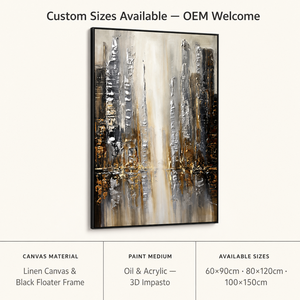 Pintura Abstracta Impresa en Lienzo con Diseño del Horizonte Urbano Metropolitano en Plata y Oro para Decoración de Oficinas, Hoteles, Vestíbulos y Entradas - Product Image 5