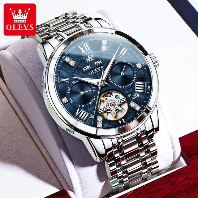 Olevs 6701 Luxury Skeleton Tourbillon Automatic Watch Men Dual Calendar Wrist Clock Waterproof Luminous Stainless Steel Watches
