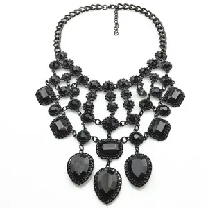 Luxury Pageant Jewelry Accessories Oversized Gothic Crystal Rhinestone Black Stone Statement Chandelier Necklace for Women