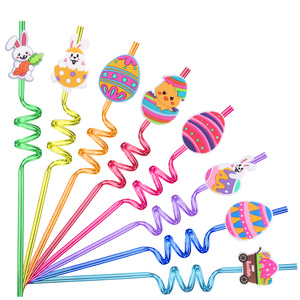 Cute Easter Theme Spiral Straw Reusable Plastic Drinkware Waterproof Customized Sparkle Promotional Supplies Cartoon Daily Party
