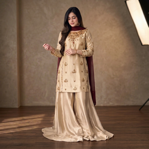 Launching New Design Trending Solid Natural Crep with Embroidery Sequence Work <b>Top</b>-Bottom Ankle-Length Party Dupatta Set - Product Image 1
