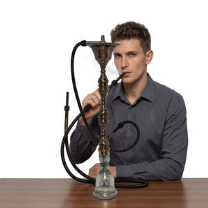 Authentique chicha égyptienne Khalil Mamoon finition argentée avec noyau en laiton massif, tuyau assorti et plateau large - Product Image 2