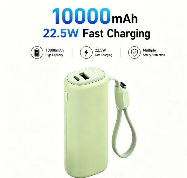 10000mAh Li-Polymer Power Bank PD 22.5W Fast Charging Built-in Type-C Cable LED Display OEM ODM Custom Portable Charger
