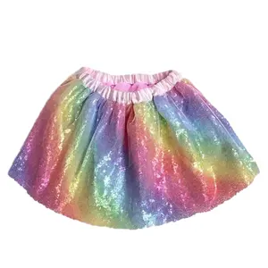 2024 Новая модная Радужная цветная расшитая блестками эластичная талия летние милые юбки-пачки для девочек