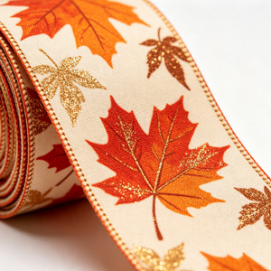 Ruban filé Grace 2 1/2 pouces, imprimé pailleté, résistant au rétrécissement, longueur personnalisée, motif feuilles de récolte et citrouille, en rouleau pour la décoration intérieure - Product Image 2