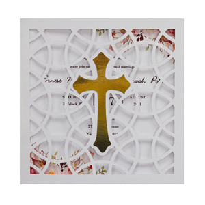 Carte d'invitation blanche laser 3D avec croix dorée, style européen et américain, pour baptême, en stock usine - Product Image 2