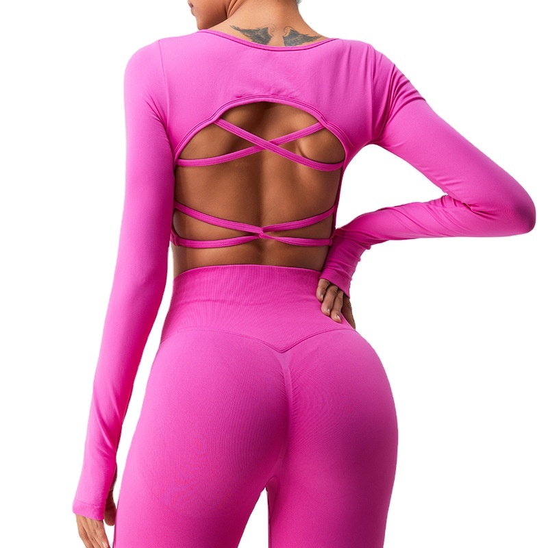 Quick-dry Seamless Long Sleeve Yoga Dress Women Cross Back Yoga Top Sports Fitness Top High Waist Halter Back Suit