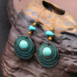 Ethnic Style Alloy <b>Drop</b> Earrings Women's Turquoise Bezel Setting Geometric Design Fashion Jewelry - Product Image 4