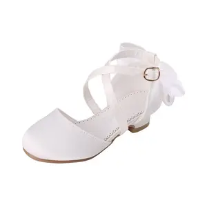 Boutique white satin high heel children kids princess elegant shoes wedding flower girl shoes with bowknot
