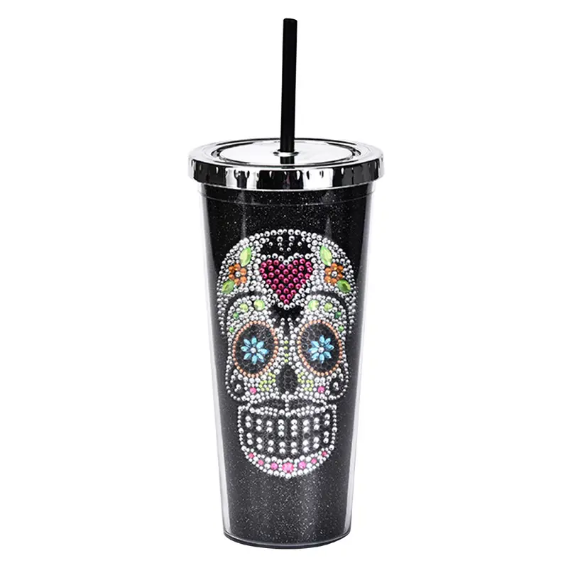 Halloween design diamond straw cup summer Double layer plastic water cup large capacity Office Coffee Cup 700ml