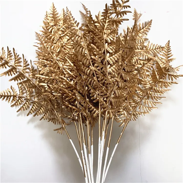 G-042 Wholesale Plastic Grass Artificial Golden Leaves Plastic Eucalyptus Palm Christmas Golden Leaf for Decoration