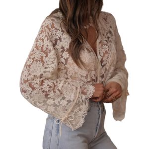 เสื้อลูกไม้แขนยาวสำหรับผู้หญิง คอวี ติดกระดุม ซีทรู แขนทรงโคมไฟ เสื้อคลุมแบบสวม ใส่สบาย บางเบา ทรงปกติ เสื้อผ้าสำหรับฤดูใบไม้ร่วง - Product Image 4