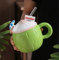 Tasses à noix de coco d'été créatives de style InS, tasses en céramique mignonnes et de fille, tasses à eau de grande capacité avec couvercles