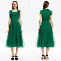 Robe longue décontractée vintage 2026 vert forêt pour Quinceañera, en tulle plissé à volants, style midi fluide