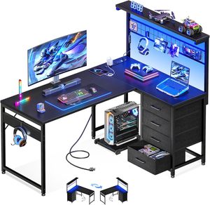 AJUNION, escritorio moderno para juegos <span class=keywords><strong>en</strong></span> forma de <span class=keywords><strong>L</strong></span> de 43 "con estante, luz Led RGB, escritorio de ordenador Reversible, <span class=keywords><strong>mesa</strong></span> para jugadores, negro, directo de fábrica - Product Image 1
