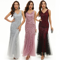 Robe de soirée sirène à col en V et sequins, broderie feuille en polyester, ourlet en tulle, pour soirée formelle, bal de promo ou mariage - Meilleures ventes