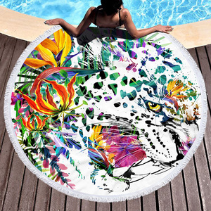Jungle Cheetah Print Animal Green Palm Leaves Picnic Mat Manta de baño Toalla de playa redonda con borlas - Product Image 5