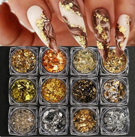 12 boîtes de paillettes dorées argentées en aluminium irrégulières, copeaux de papier métallisé, sequins pour décoration de manucure