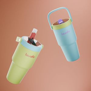 Car Cup With Handle Dust Cover Design Straw Emerald Color S063 Thermos For Home Car Office Outdoor Use - Product Image 2