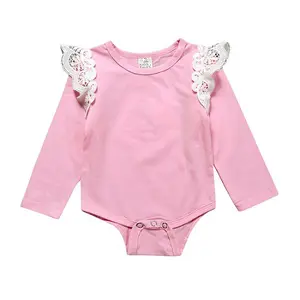 0-24M Pink Newborn Girls Clothes White Lace Baby Long Sleeve Flutter Wings Romper Blank Baby Onesie Wholesale Solid